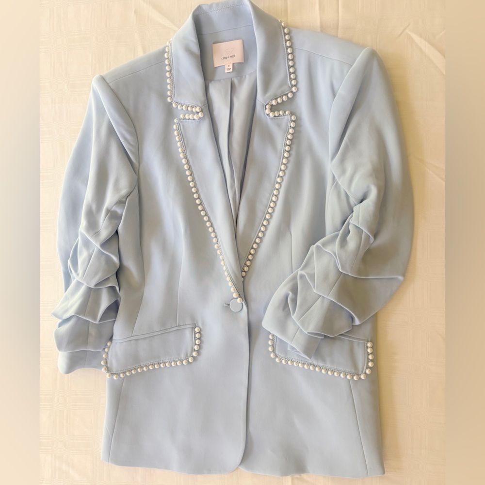 Cinq à Sept Powder Blue Blazer with Pearl Trim